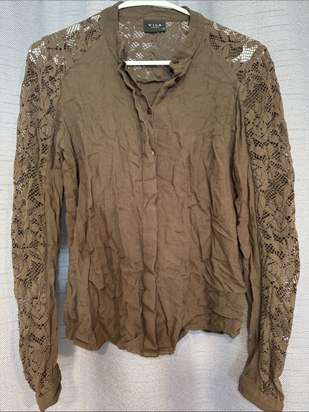 VILA Brown Lace-Sleeve Button Front Blouse